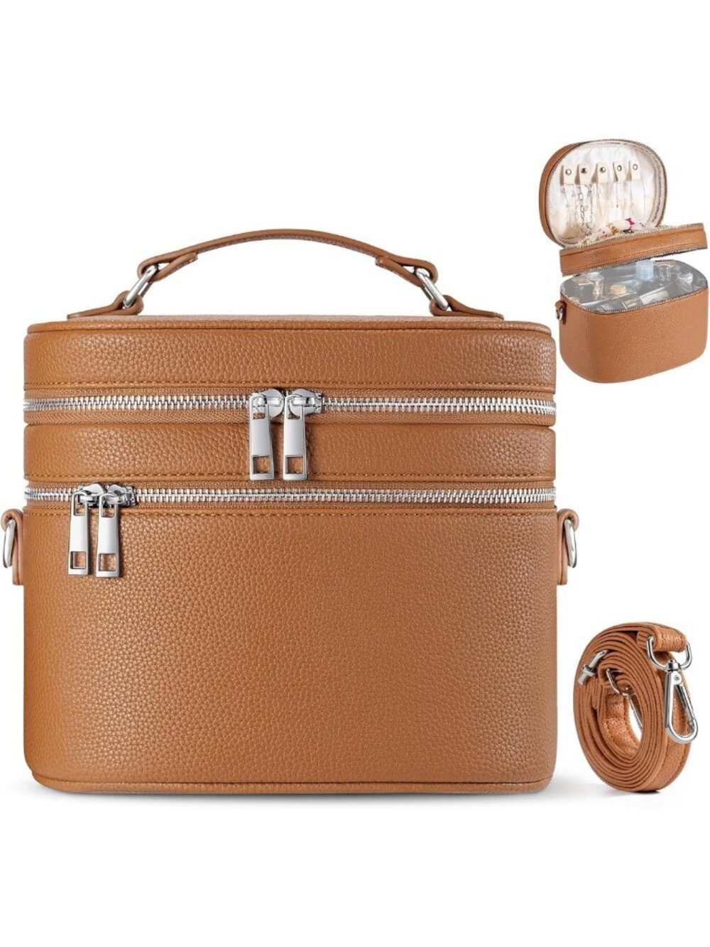 Stylish Leather Makeup Organizer Bag - Double Layer, Large Capacity